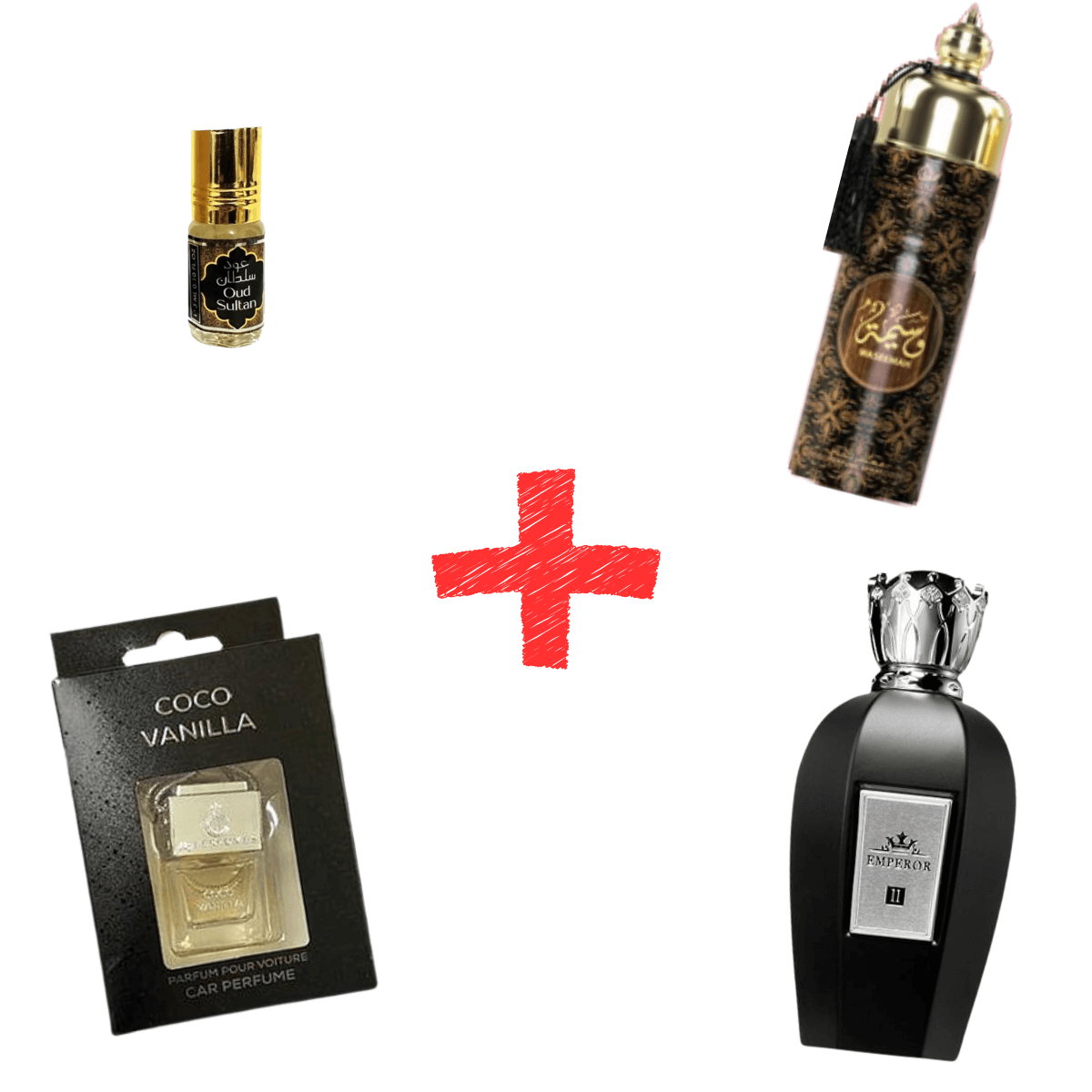 4-in-1 combo fragrance offer showcasing various perfumes including Coco Vanilla and a luxury car perfume.