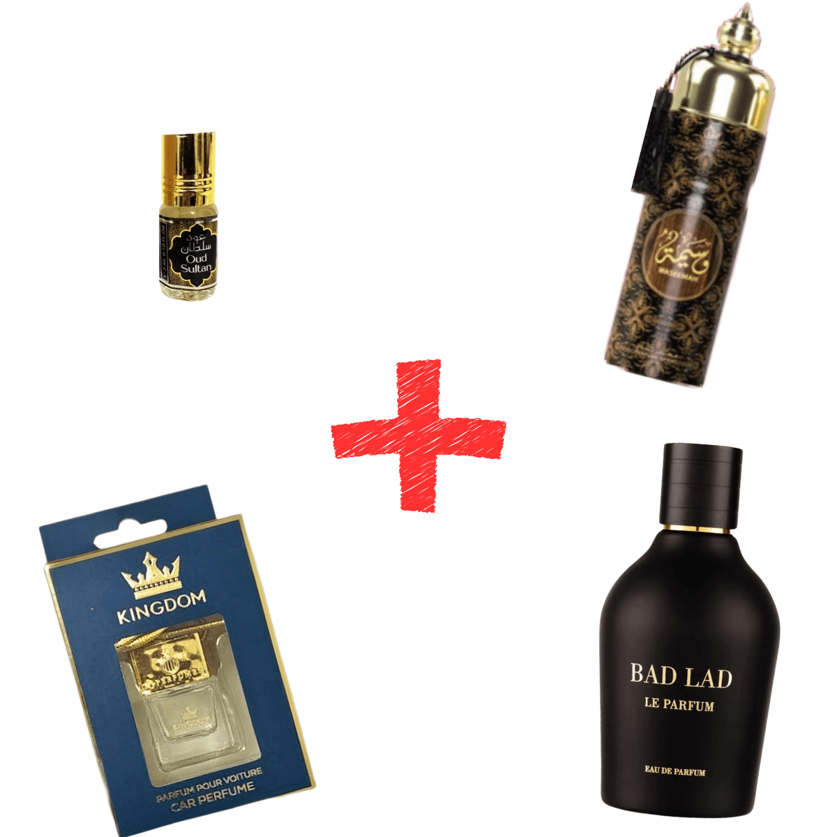 4-in-1 men's perfume combo featuring Kingdom and Bad Lad fragrances in stylish packaging.