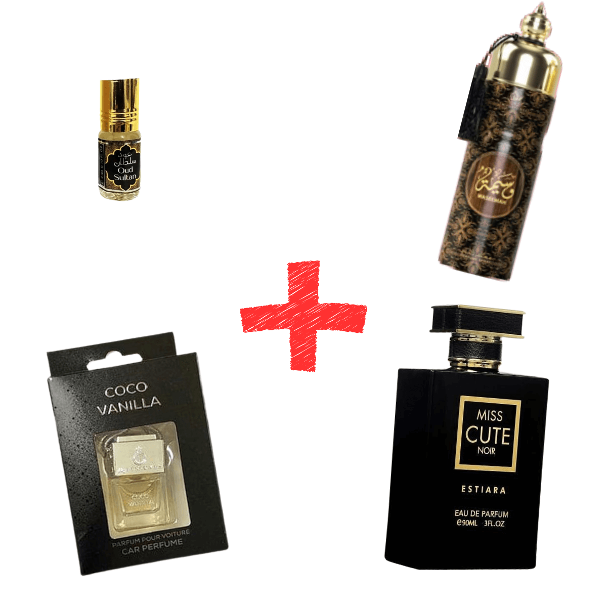 4-in-1 fragrance combo including car perfume and eau de parfum for a luxurious scent experience.