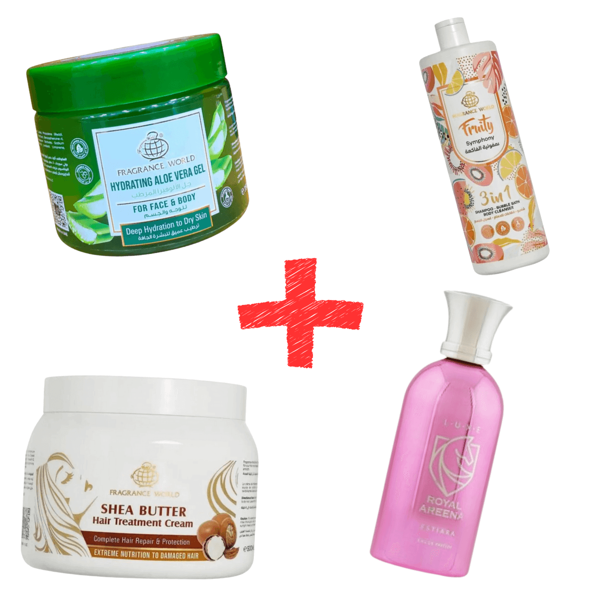 4 beauty products including aloe vera gel, shea butter hair cream, and hair treatment for healthy skin and hair care.