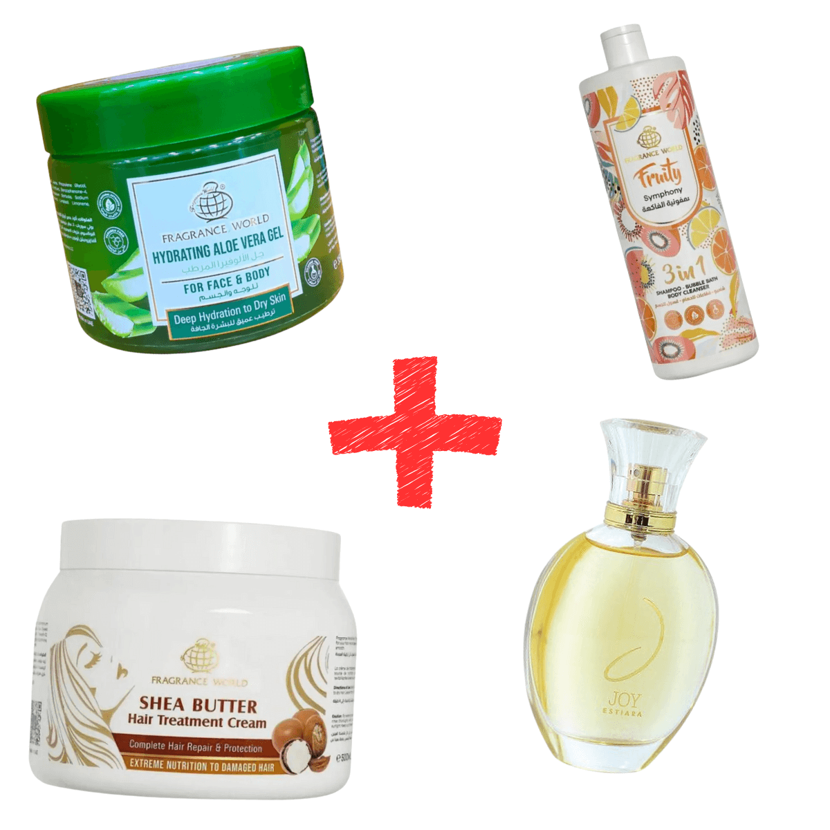 4-in-1 combo promotion featuring hydrating aloe vera gel, shea butter treatment, 3-in-1 shampoo, and fragrance Joy.