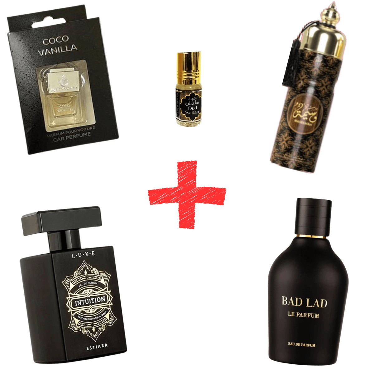 Five fragrance products including Bad Lad Le Parfum and Estiara Intuition, showcasing diverse scent profiles.