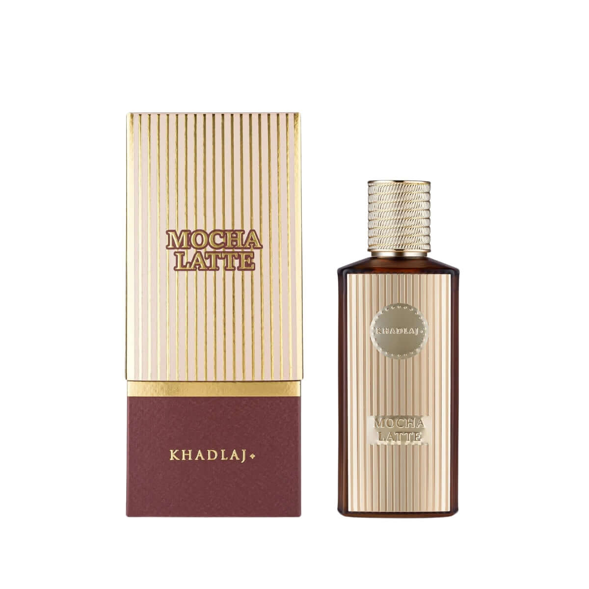 Khadlaj Mocha Latte unisex fragrance 100ml bottle and box, featuring elegant design and gourmet aroma.